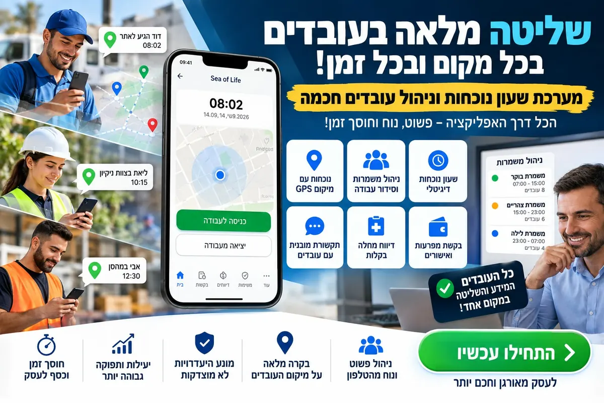 אפליקציית שעון נוכחות וניהול עובדים לעסקים בישראל: כניסה לעבודה מהטלפון וסידור משמרות בוקר, צהריים ולילה